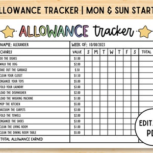 Zulage-Tracker, Wöchentliche Zulage, bearbeitbare Zulage für Kinder, Geldverdienen-Chart, Geldbelohnungs-Chart, druckbare PDF-Datei
