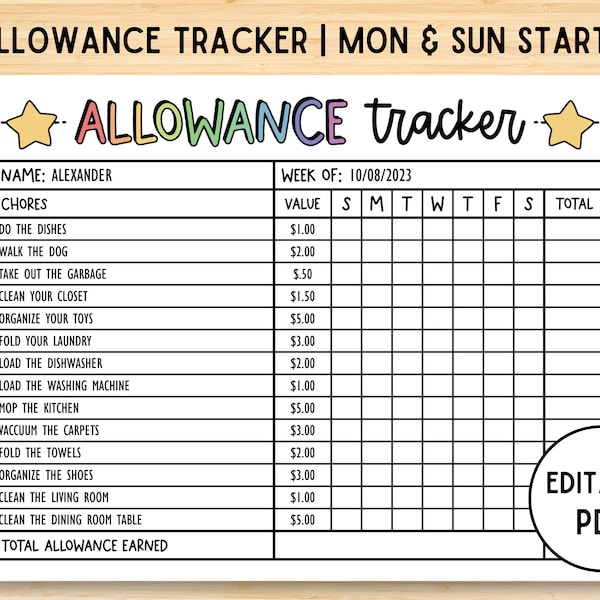 Allowance Tracker, Weekly Allowance Chore Chart, Editable Allowance Chart For Kids, Earn Money Chart, Money Reward Chart, Printable PDF