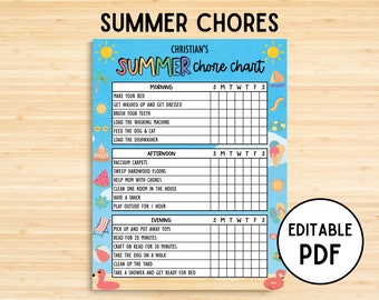 Rolig sommarsyssloschema för barn, redigerbar belöningstabell för sysslor, barnrutinschema, sommarrutin för barn, ansvarsschema, utskrivbar