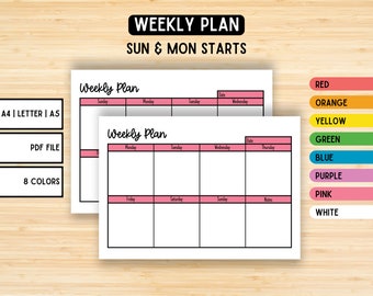 May include: Two printable weekly planner templates with pink accents. The planner is designed for weeks starting on Sunday or Monday. The text "Weekly Plan" is written in cursive. The planner is available in A4, Letter, and A5 sizes. The planner is available in 8 colors: red, orange, yellow, green, blue, purple, pink, and white.