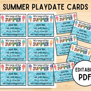 Plantilla editable de tarjetas de fecha de juego para niños, Tarjetas para mantenerse en contacto, Invitación de fecha de juego de verano, Fin de año escolar, Tarjeta de contacto de llamada de mamá