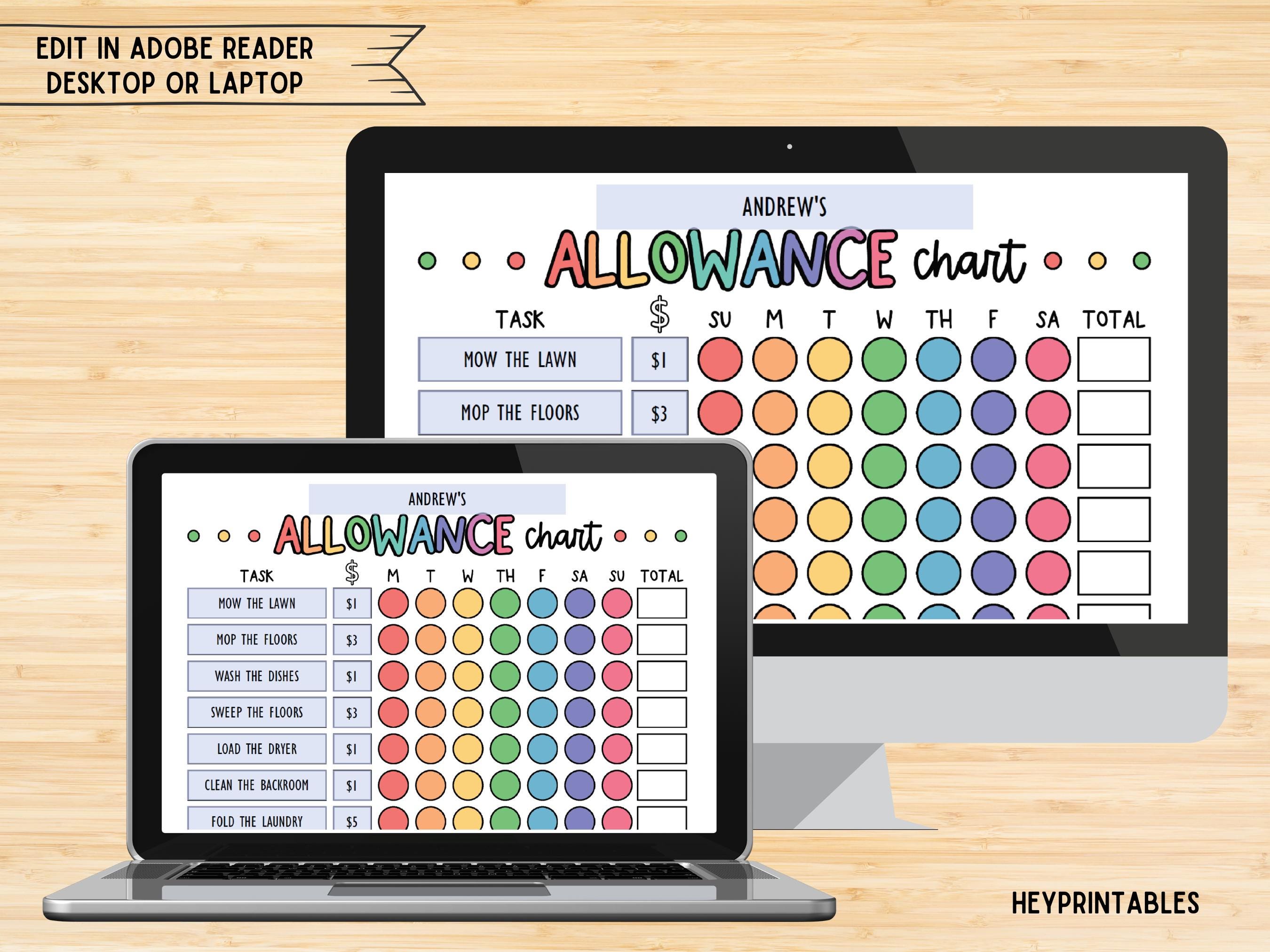 Editable Kids Allowance Chart Printable, Kids Chores Chart, Weekly ...