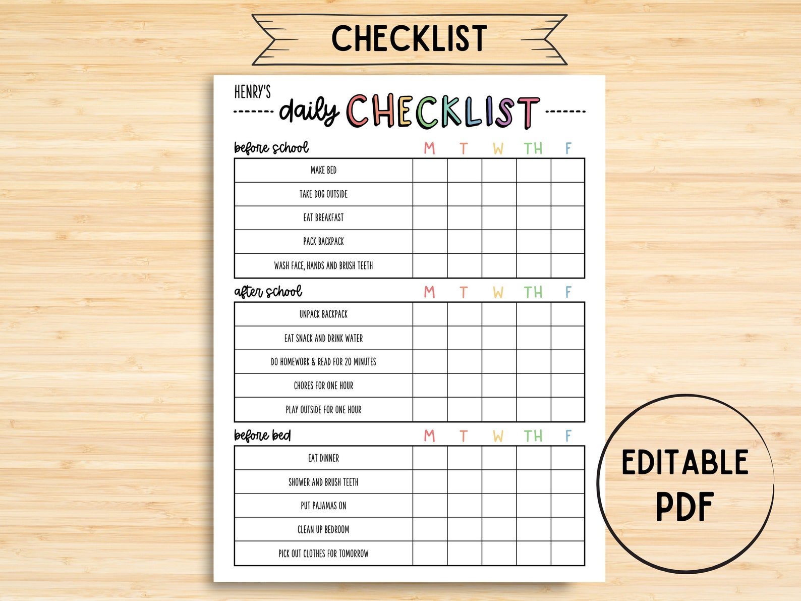 Chore Chart Printable Editable Daily Checklist for Kids