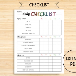 Chore Chart, Printable Editable Daily Checklist for Kids, Chore Chart for Kids, Before School After School Rules, Instant Download