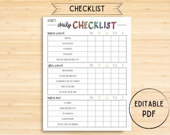 May include: A printable daily checklist for kids with sections for before school, after school, and before bed. The checklist includes tasks like making the bed, taking the dog outside, eating breakfast, packing a backpack, unpacking a backpack, eating a snack, doing homework, playing outside, eating dinner, showering, brushing teeth, putting on pajamas, cleaning the bedroom, and picking out clothes for tomorrow. The checklist is designed for a child named Henry.