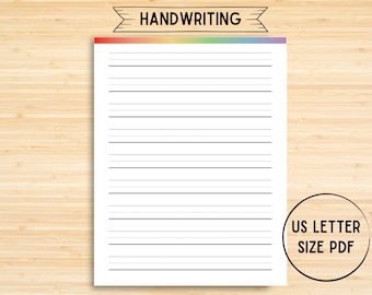 May include: Printable lined paper with a rainbow coloured header and the text "HANDWRITING" in black. The paper is US Letter size.
