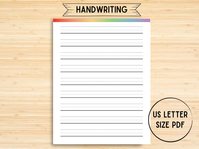 May include: Printable lined paper with a rainbow colored header and the text "HANDWRITING" in black. The paper is US Letter size.
