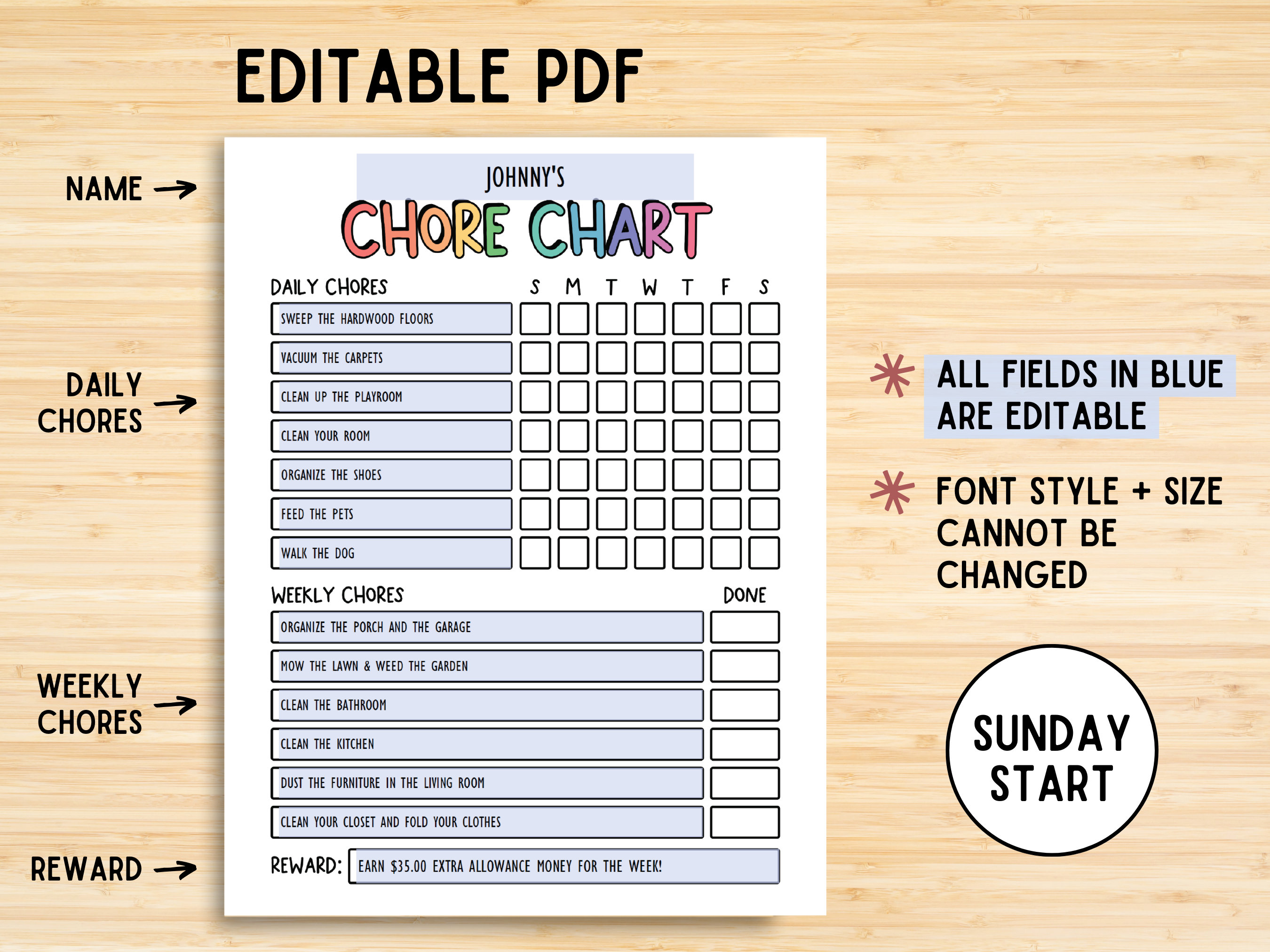 Editable Daily & Weekly Chore Chart for Teens, Simple Teens Reward ...