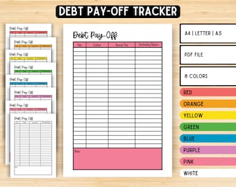 May include: Printable debt pay-off tracker with a table to track date, creditor, amount paid, and outstanding balance. The tracker is available in 8 colors: red, orange, yellow, green, blue, purple, pink, and white. The tracker is available in A4, Letter, and A5 sizes.