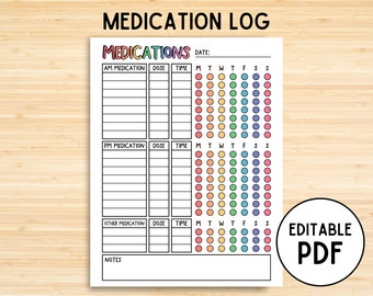 Editable Medication Schedule, Printable Easy Medicine Chart, Weekly Medication Log, Supplement Tracker, Pills, Medicine List, Digital PDF
