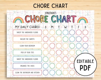 Editable Chore Chart for Kids, Kids Daily Weekly Responsibility Chart, Kids Chore List, Kids Daily Routine Checklist, Printable PDF, Chores