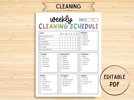 Weekly Cleaning Schedule, Chore List, Cleaning Checklist, Cleaning Chart, Cleaning, Home Schedule, Planner, Printable, Digital, Editable PDF
