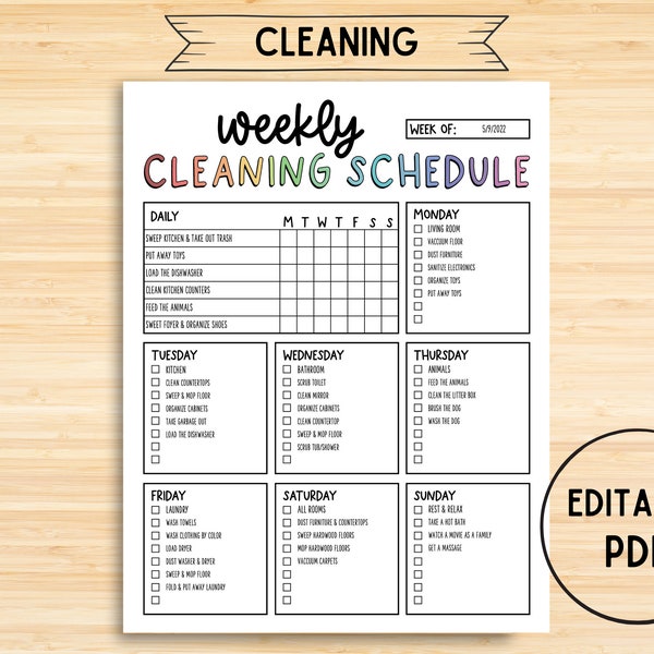Weekly Cleaning Schedule, Chore List, Cleaning Checklist, Cleaning Chart, Cleaning, Home Schedule, Planner, Printable, Digital, Editable PDF