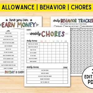 Editable Kids Chore Chart, Allowance Chart, Behavior Chart, Reward, Consequences, Daily Checklist, Weekly Chores, Weekly Allowance, PDF