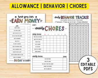 Editable Kids Chore Chart, Allowance Chart, Behavior Chart, Reward, Consequences, Daily Checklist, Weekly Chores, Weekly Allowance, PDF
