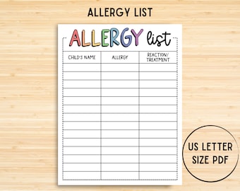 Allergie Liste Form, Kinderallergie, Kindergarten druckbar, Büro Blatt, Muttertag, Printables, Kindertagesstätte zu Hause, VBS, Vorschulen