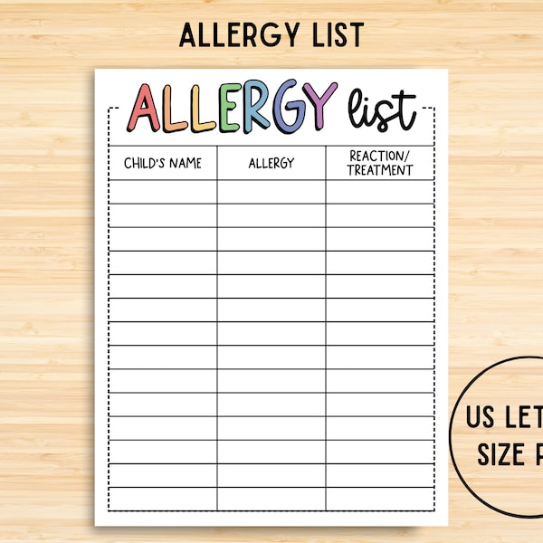 Allergy List Form, Child Allergy Form, Daycare Printable, Daycare Office Sheet, Mothers Day Out, Printables, Home Daycare, VBS, Preschools