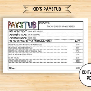 Editable Paystub for Kids, Printable Kids Payslip, Reward Payslip, Kids Paycheck Stub, Earn Money, Kids Pay Check, Pay Stub, Allowance PDF