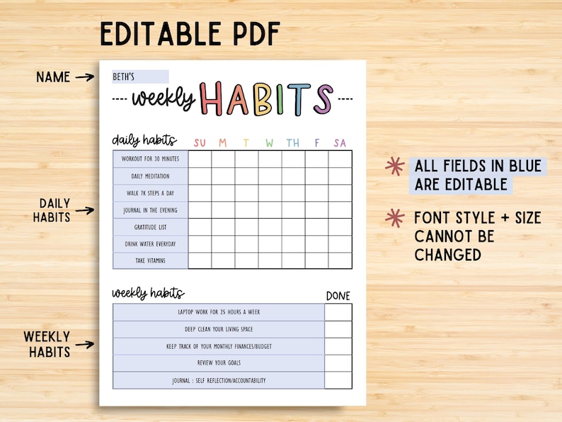 Editable Weekly Habit Tracker, Printable Habit Tracker, Habit Tracker Digital Download, Daily Habit Tracker PDF, Weekly Goal Tracker, Habits