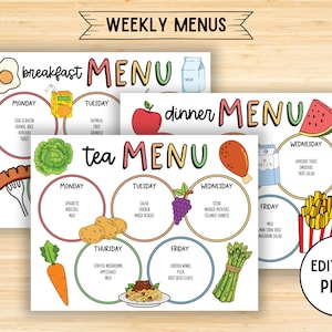 Bearbeitbares Kinderfrühstück, Abendessen, Teeplaner, Mahlzeit Wochenplaner, Menü für Kinder, Mittagessen-Download, Schulfrühstücks-Menüplaner