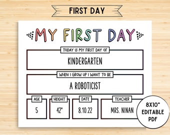 Bearbeitbares Schild für den ersten Schultag, Tafel für den ersten Schultag, zum Ausdrucken für den Schulanfang, wiederverwendbar bearbeitbar, Vorschul- und Kindergarten-PDF