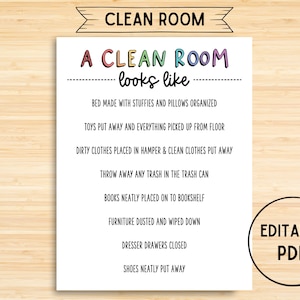 Druckbereiter Kinderzimmer-Reinigungsführer, Chore Chart bearbeitbares PDF, Familienorganisation, Kinderaufgaben, Checkliste für aufgeräumte Räume, Aufgabenliste