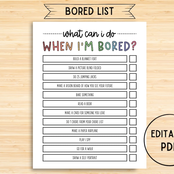 Editable I'm Bored Checklist, Printable Kids Activity List, School Checklist for Students, Instant Download, Activities, Rainy Day Game