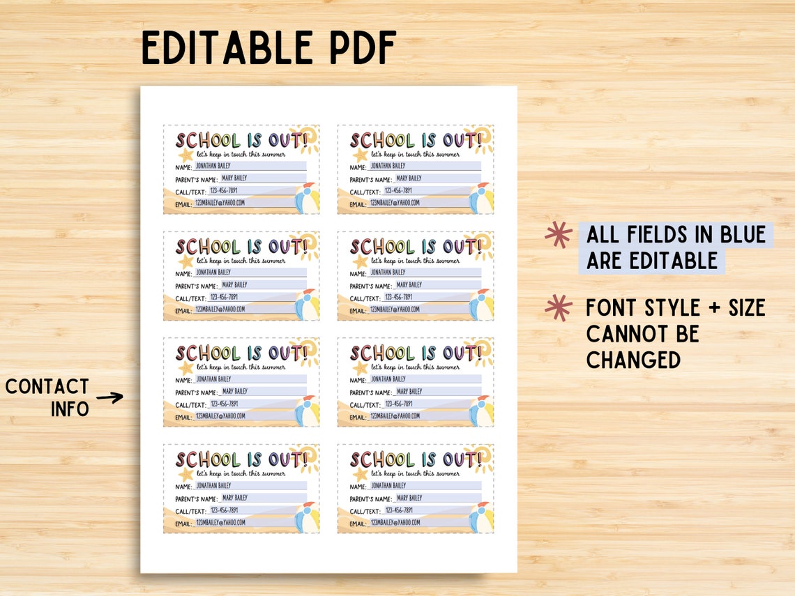 Printable Summer Contact Card Editable End of School Cards Etsy