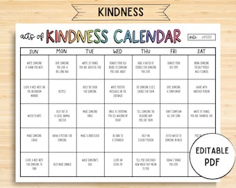 Kids's Acts of Kindness Calendar, Kindness Calendar, Random Acts of Kindness Calendar for Kids, Gratitude List, Editable PDF, Fillable