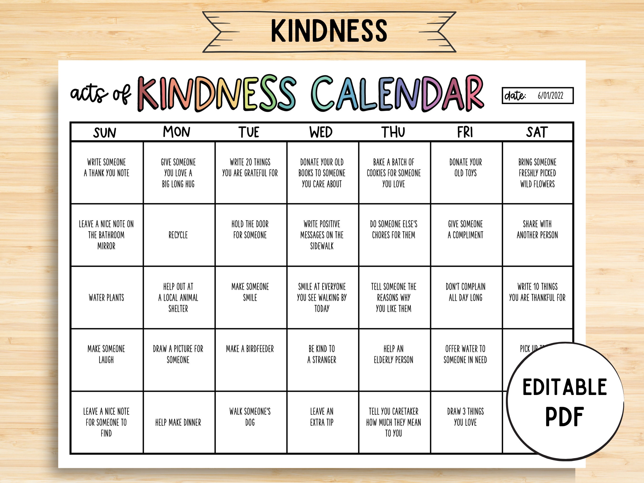 Kids's Acts of Kindness Calendar Kindness Calendar Etsy