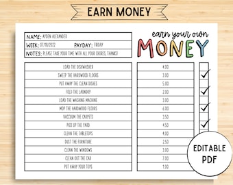 Editable Allowance Chart For Kids, Allowance Tracker, Editable Chore Chart, PDF Incentive chart, Letter Size Instant Download, Behavior