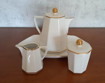 Juego de té de los años 50 -Schirnding- "París", porcelana blanca y detalles dorados, estilo moderno de mediados de siglo, Baviera, Alemania