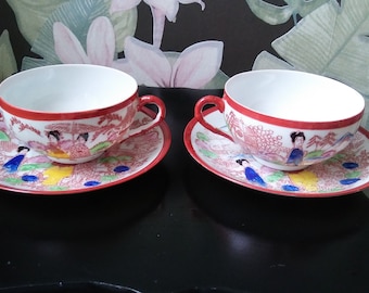 1920/30's set Japanese eggshell porcelain Geisha girl cup & saucers antique Asia
