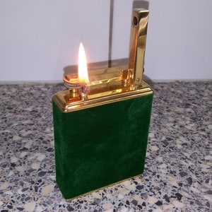 1920's lift-arm table lighter, made in France, green velvet, art-deco, full brass, works great, antique