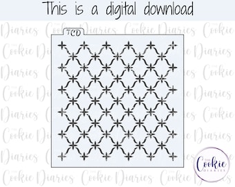 May include: A digital download of a black and white geometric pattern stencil. The pattern is made up of repeating squares with a four-pointed star in the centre of each square. The squares are connected by curved lines.