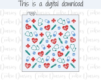 May include: A digital download of a printable cookie cutter design featuring a repeating pattern of medical symbols, including hearts, stethoscopes, crosses, pills, and syringes. The design is in shades of red, blue, and green on a white background.