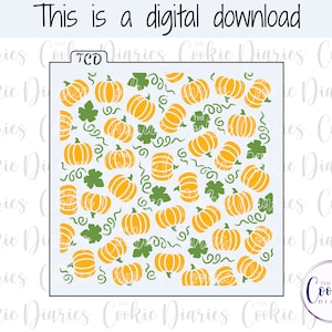 Peut inclure: Téléchargement numérique avec un motif de citrouilles. Le design présente des citrouilles orange, des feuilles vertes et des vignes. Le texte "This is a digital download" est en haut. Le logo Cookie Diaries est en bas à droite.
