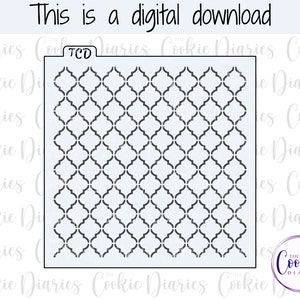 May include: A black and white digital download stencil featuring a repeating geometric pattern of interlocking squares and rounded shapes.