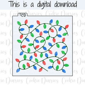 Op de afbeelding: Een digitaal download ontwerp voor een koekjesvormpje in de vorm van een kerstverlichting. De lampjes zijn rood, groen en blauw en zijn in een draaiende vorm gerangschikt.