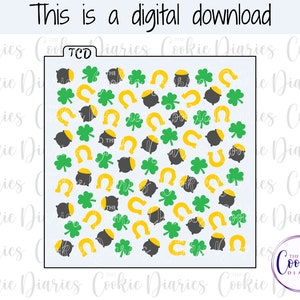 May include: A digital download cookie stencil with a repeating pattern of St. Patrick's Day symbols. The design includes green shamrocks, yellow horseshoes, and black pots of gold. The text "This is a digital download" is at the top.