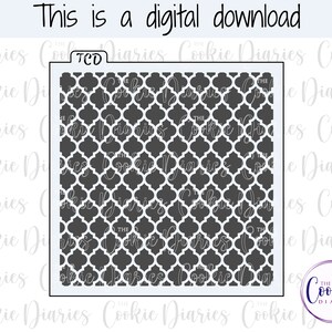 May include: A black and white geometric pattern with a repeating design of quatrefoils. The pattern is in a square format and is suitable for use as a stencil or cookie cutter.