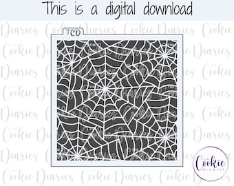 Puede incluir: Una descarga digital para un cortador de galletas en forma de patrón de telaraña. La telaraña es blanca sobre un fondo negro.