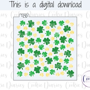 May include: A digital download of a printable cookie cutter design featuring a pattern of green shamrocks and yellow four-leaf clovers.