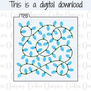 Op de afbeelding: Een digitale download van een sjabloonontwerp met een reeks blauwe kerstverlichting met groene draad. De lampjes zijn in een draaiende vorm gerangschikt.