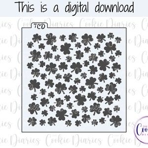 May include: A digital download of a black and white stencil featuring a pattern of shamrocks. The stencil is designed for use with cookie decorating.