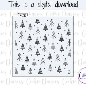 May include: A digital download of a black and white stencil design featuring a repeating pattern of stylised Christmas trees. The stencil is perfect for decorating cookies, cakes, or other baked goods.