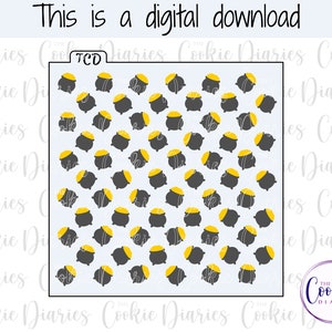 May include: A digital download stencil design featuring a repeating pattern of gold pots with lids. The design is perfect for creating cookies, cakes, or other baked goods.