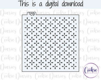 May include: A digital download of a stencil design featuring a repeating pattern of small, stylised flower shapes. The stencil is white with black cutouts.