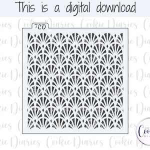 May include: A black and white digital download stencil featuring a geometric pattern of overlapping fan shapes. The design is reminiscent of Art Deco style.