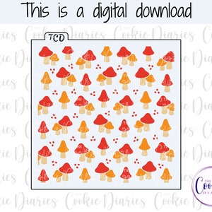 Puede incluir: Una descarga digital de una plantilla de cortador de galletas con un patrón de setas rojas y naranjas. La plantilla está sobre un fondo azul claro.